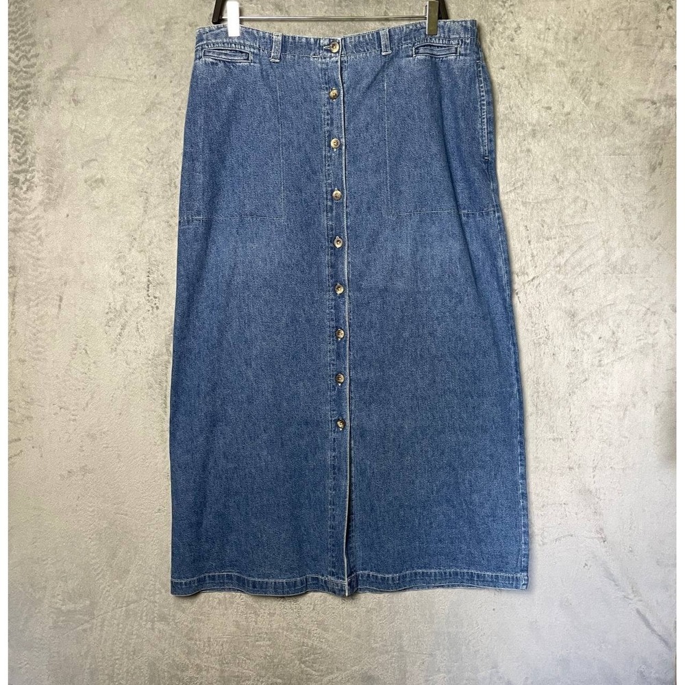 Denim Skirt 100% Cotton Size 16 Blue Button Front‎ Side Pockets A Line Long